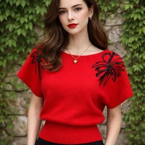 VINTAGE CHRISTIAN DIOR SEPARATES Beaded Red Lambswool Angora Sweater Blend, M